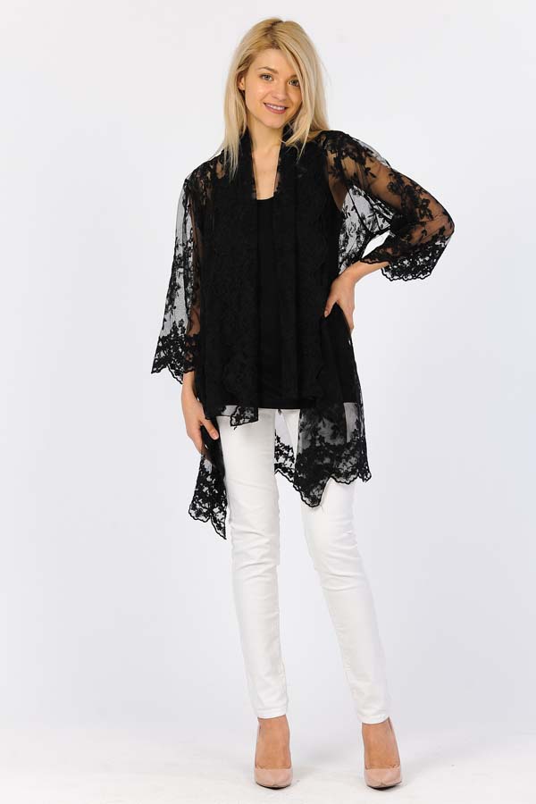 Embroidery Net Cardigan with Cami-Black